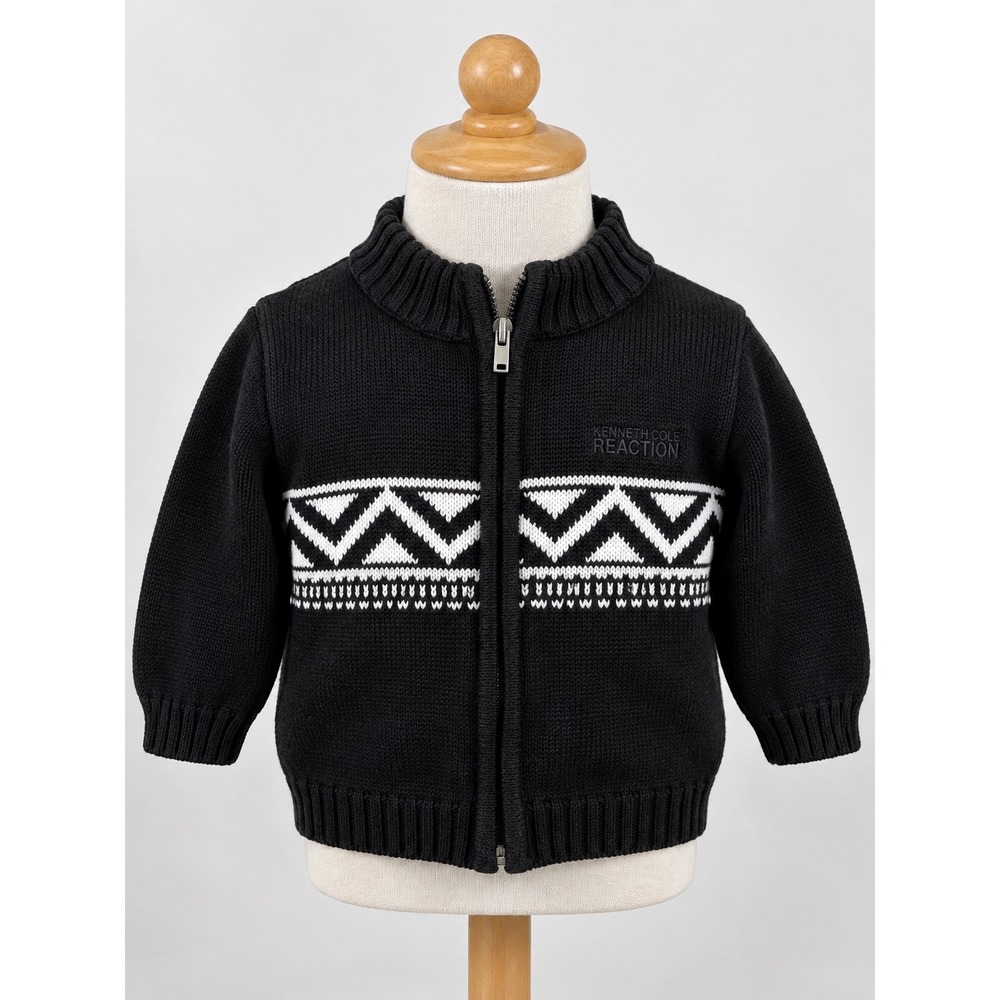 Kenneth Cole Reaction Boys Black White Fair Isle Full Zip Cotton Sweater 18M